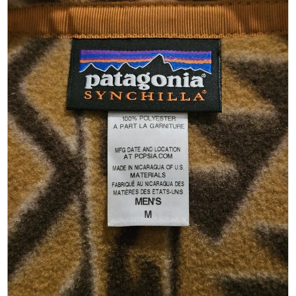 Patagonia Men Snap-T Synchilla Fleece Pullover Medium Montana Siete‎ Bear Brown